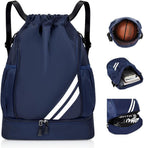 Ball Bag Drawstring Backpack, Sports Gym Bag with Shoes Compartment Side Mesh Pockets for Teens Women Men, Water Resistant String Bag
