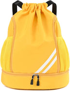 Ball Bag Drawstring Backpack, Sports Gym Bag with Shoes Compartment Side Mesh Pockets for Teens Women Men, Water Resistant String Bag