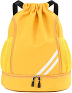 Ball Bag Drawstring Backpack, Sports Gym Bag with Shoes Compartment Side Mesh Pockets for Teens Women Men, Water Resistant String Bag