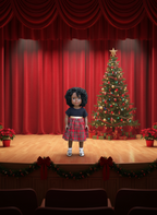 A Dark Brown Skin Tone Doll in a Black & Red Holiday Dress
