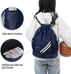 Ball Bag Drawstring Backpack, Sports Gym Bag with Shoes Compartment Side Mesh Pockets for Teens Women Men, Water Resistant String Bag