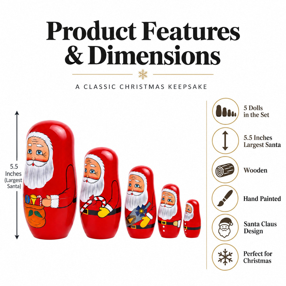 Set of 6 Santa with Christmas Gifts Wooden Nesting Dolls 5.5 Inches