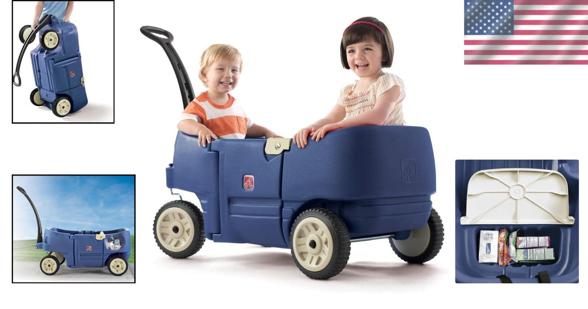 Denim Blue Kids Wagon with Cup Holders for Safe Outdoor Riding